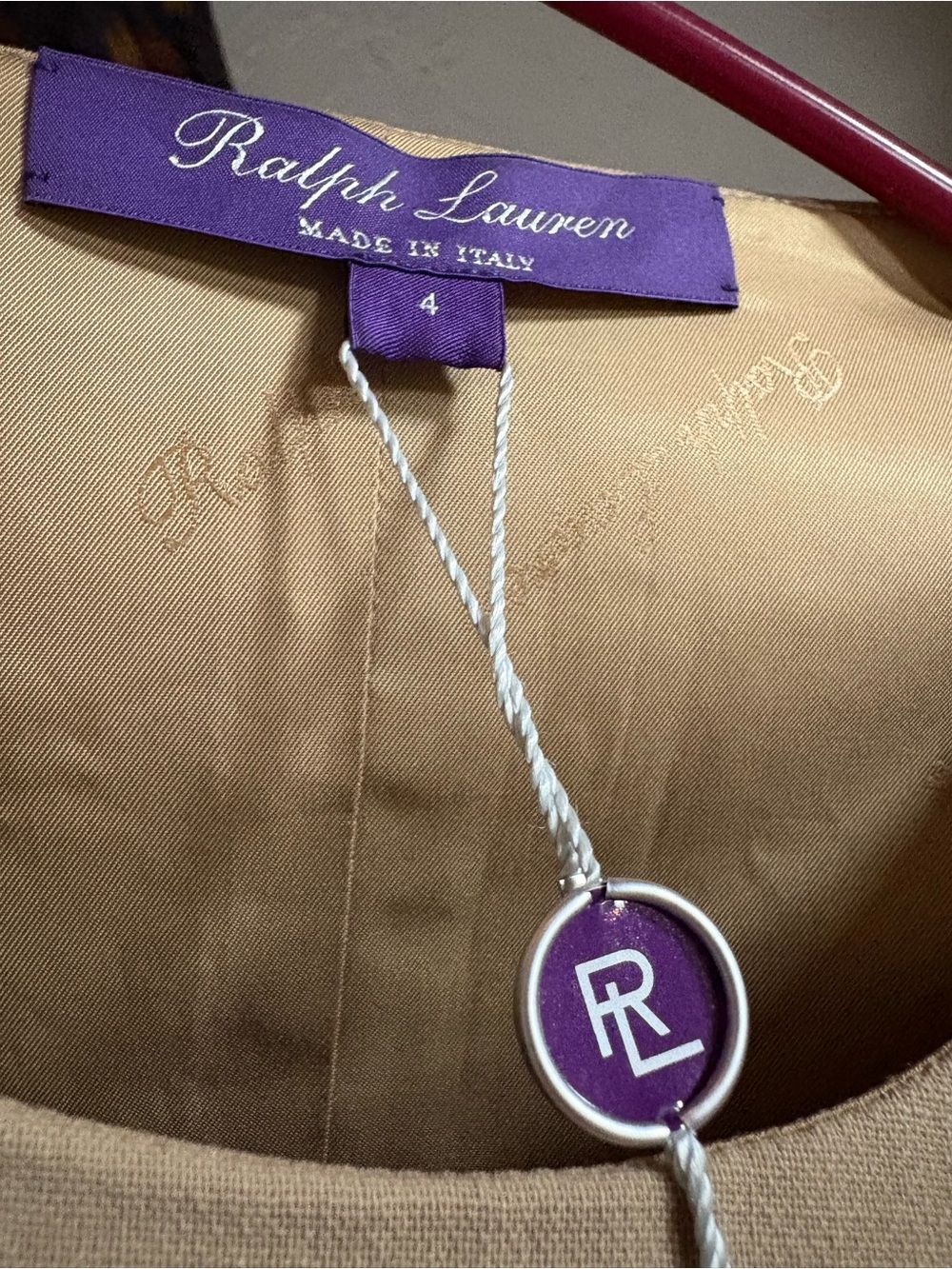 Ralph Lauren Purple Label Beige Midi Dress with Brown Trim Zipper + Buckle - Picture 3 of 6